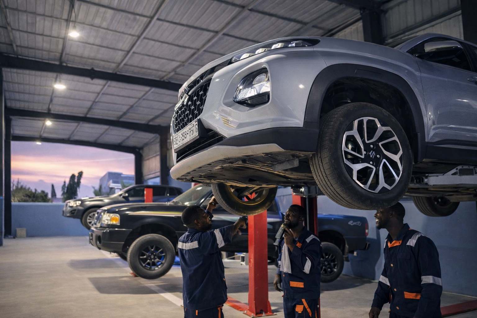 Modern Ghanaian garage with a clean organized workspace